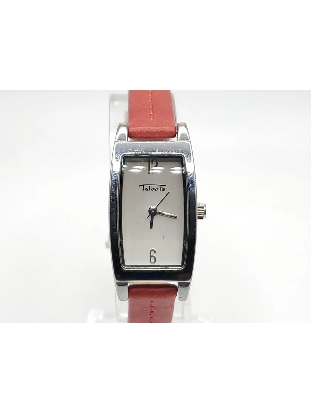 Talbots Quartz Watch Womens New Battery Red Band Silver Tone Rectangle Dial 18mm